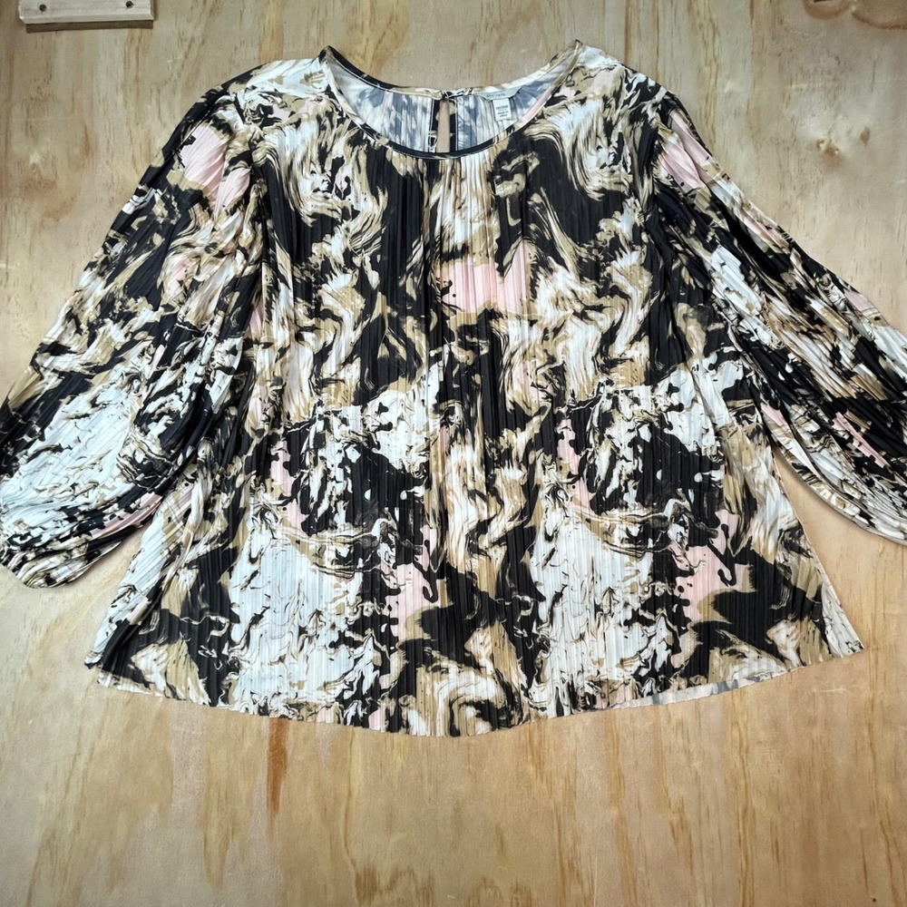 EST. 1946 Women Plus Size 18/20W Pleated Marble Print Blouse Black Pink Tan